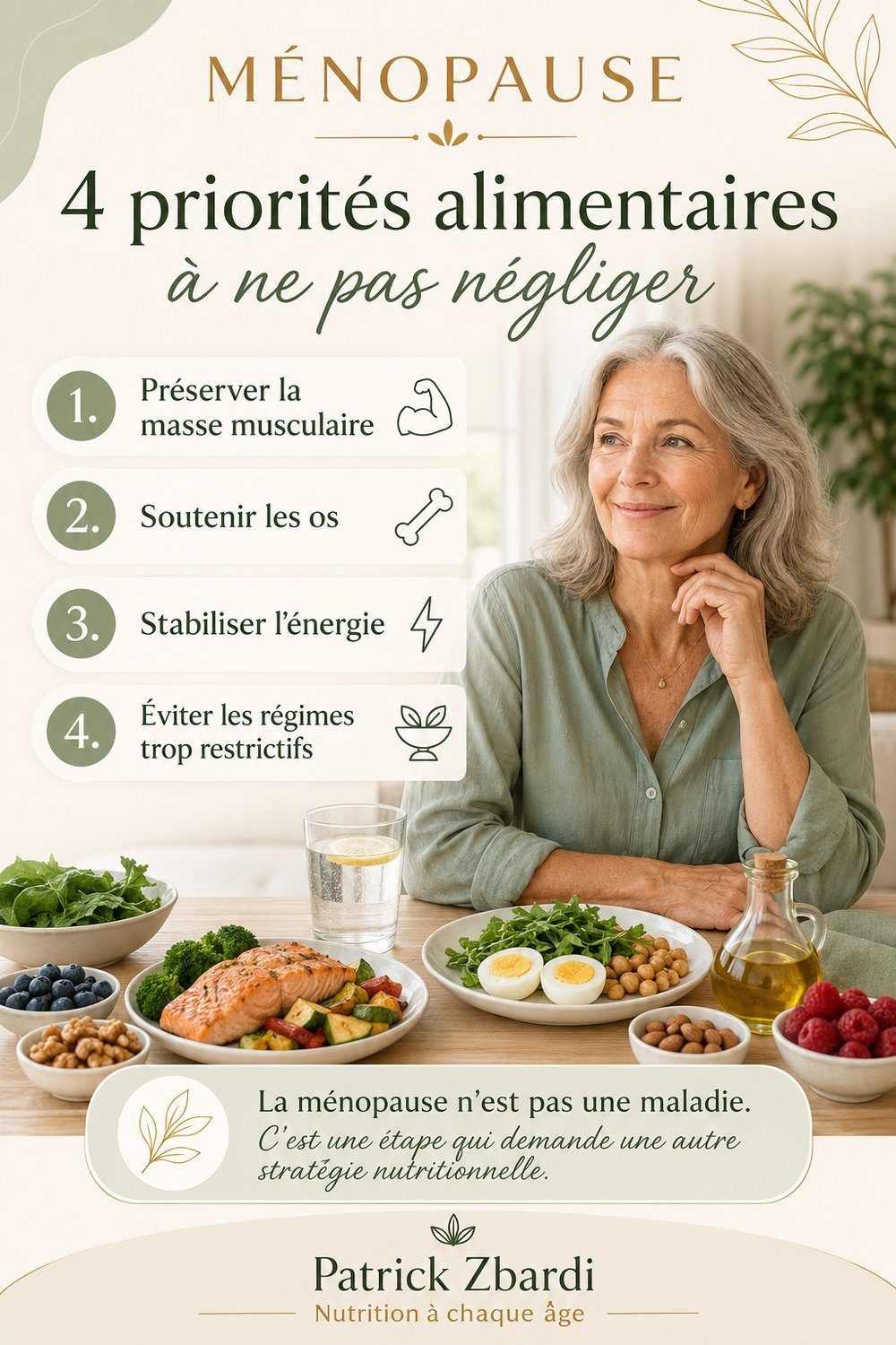 Ménopause : 4 priorités alimentaires à ne pas négliger — préserver la masse musculaire, soutenir les os, stabiliser l'énergie, éviter les régimes trop restrictifs